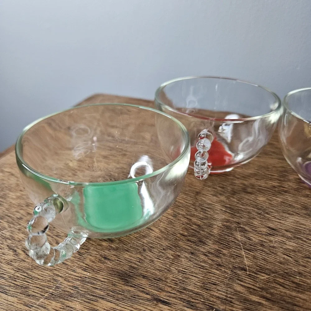 Set of 4 Hand Blown Glass Tea Cups Hobnail‎ Handles Multicolor Base Bohemian Vtg